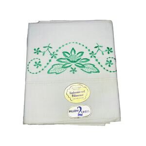 Pillowcases Embroidery White Green Floral 42x36 Vintage 100% Cotton New No Pkg